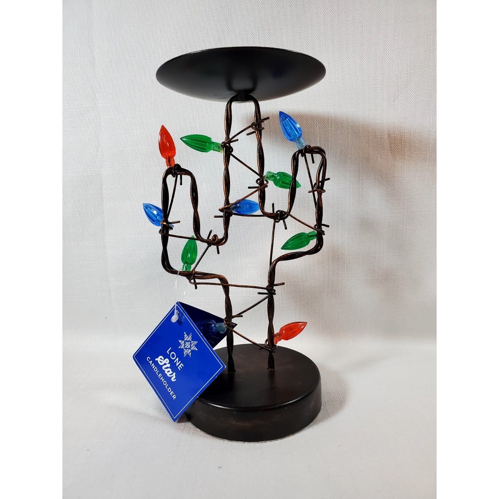 Barbwired Cactus Pillar Candle Holder, Colored Bulb Lights Southwest Décor ● NEW